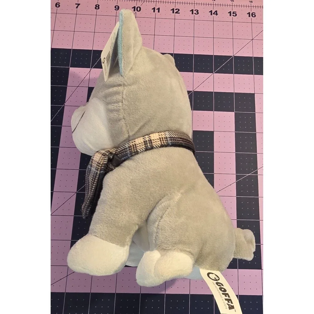 Goffa Gray Husky Wolf Plush Stuffed Animal Blue Ears Plaid Scarf NWT 8